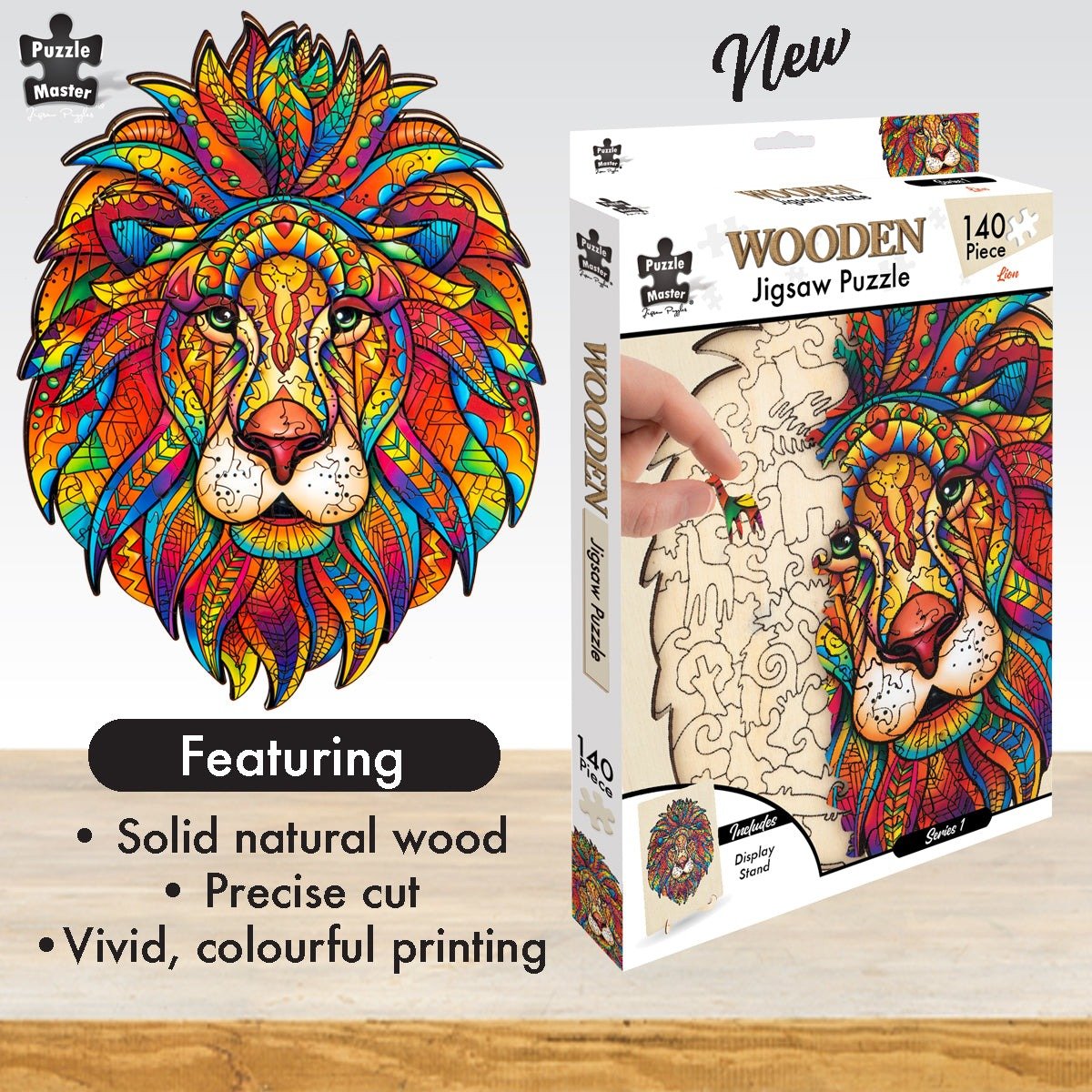 Lion wooden jigsaw puzzle package featuring a colorful lion artwork on light wood