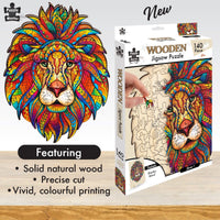 Lion wooden jigsaw puzzle package featuring a colorful lion artwork on light wood