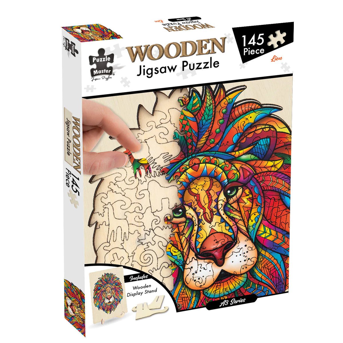 Lion wooden jigsaw puzzle box with 145-piece label and colorful lion portrait