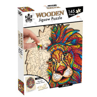 Lion wooden jigsaw puzzle box with 145-piece label and colorful lion portrait