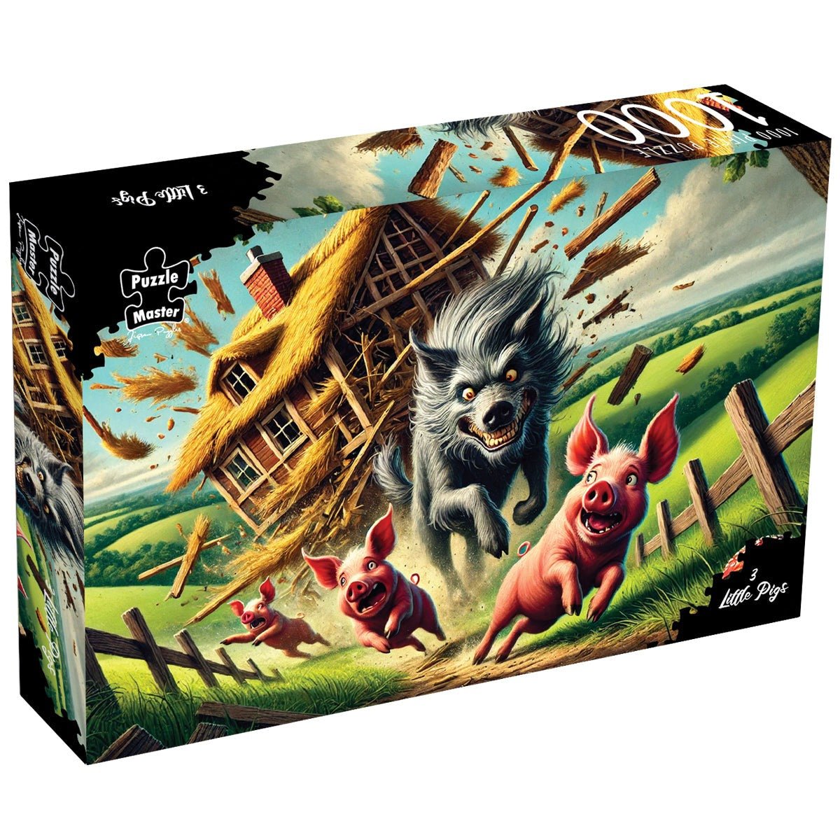 Jigsaw puzzle box with wolf and three pigs scene, wooden debris and farm houses