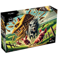 Jigsaw puzzle box with wolf and three pigs scene, wooden debris and farm houses