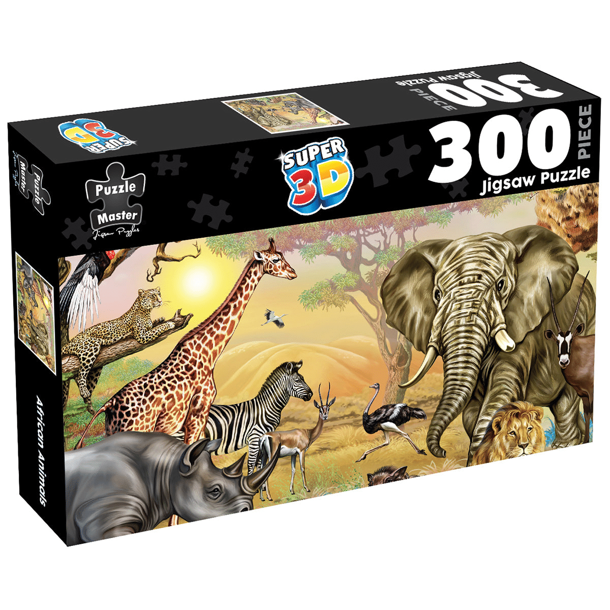 300-piece 3D lenticular jigsaw puzzle box with African wildlife illustration