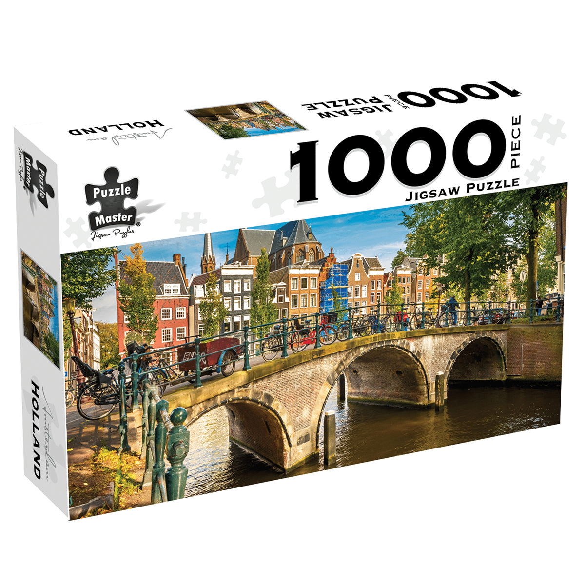 1000-piece jigsaw puzzle box with Amsterdam canal bridge scene