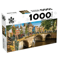1000-piece jigsaw puzzle box with Amsterdam canal bridge scene