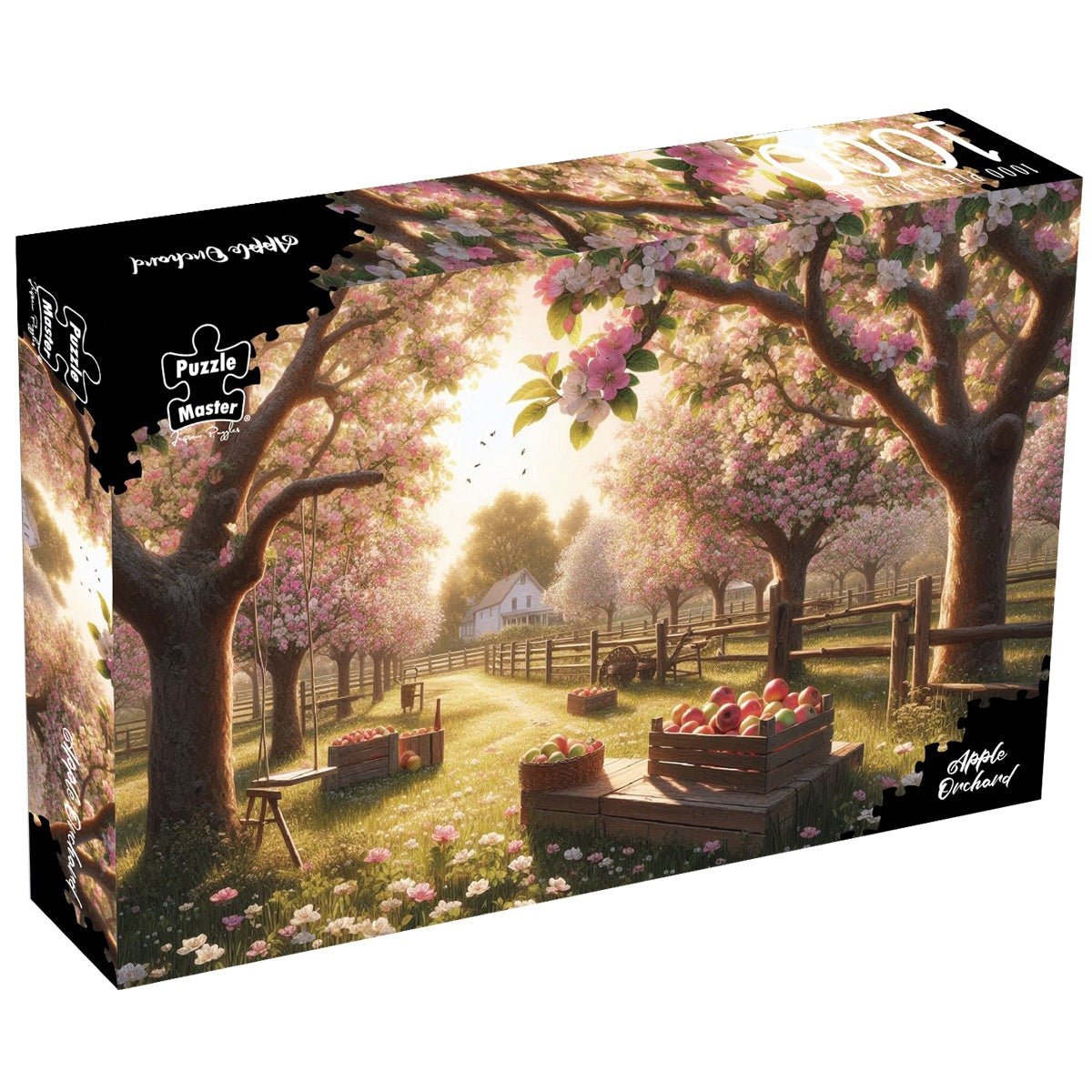 1000-piece jigsaw puzzle box with apple orchard landscape and blooming trees