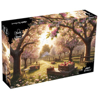 1000-piece jigsaw puzzle box with apple orchard landscape and blooming trees