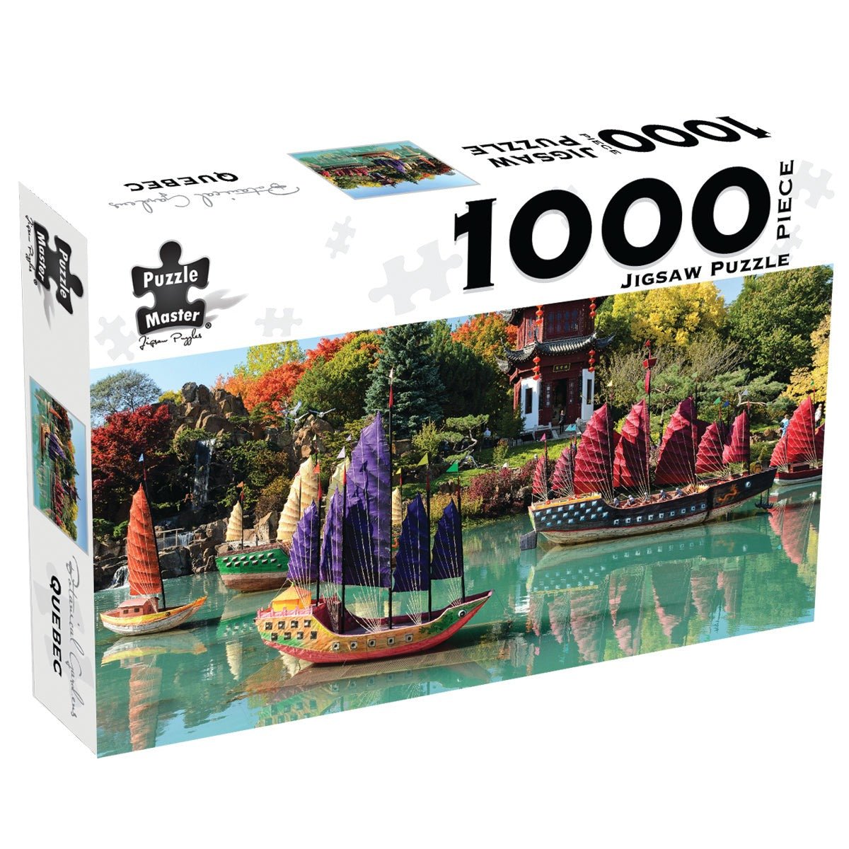 1000-piece jigsaw puzzle box, botanical gardens scene with boats and pagoda.