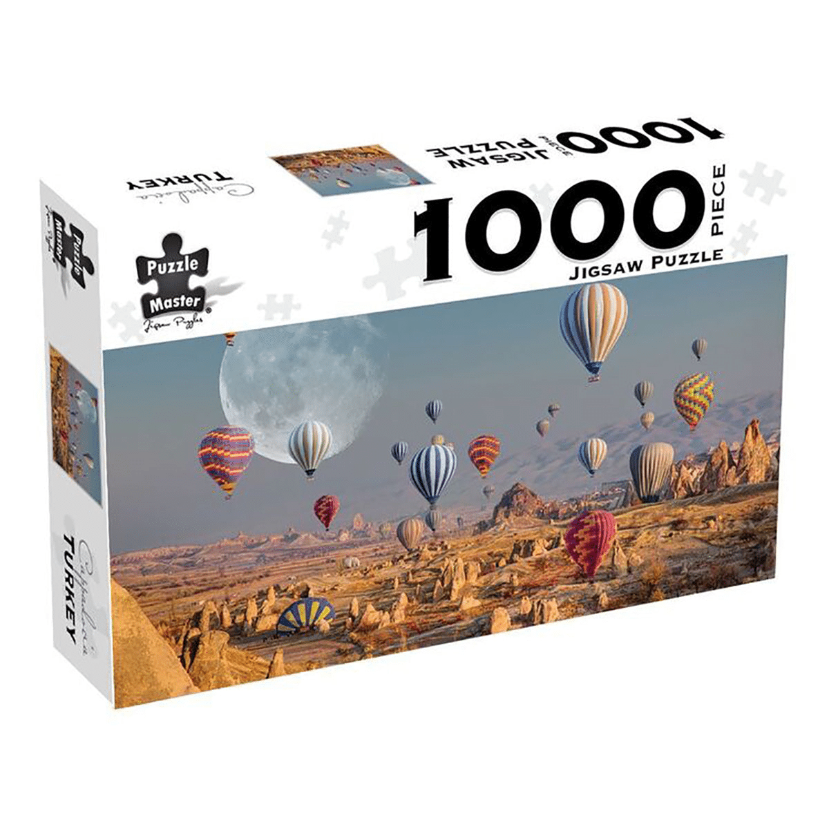 1000-piece jigsaw puzzle box featuring Cappadocia hot air balloons over rocky landscape