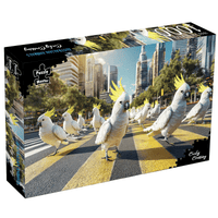 1000-piece puzzle box with cockatoos on a city street crosswalk scene