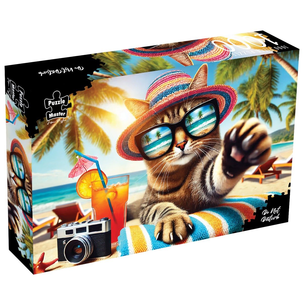 1000-piece jigsaw puzzle box with cat in sunglasses and beach scene