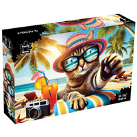 1000-piece jigsaw puzzle box with cat in sunglasses and beach scene