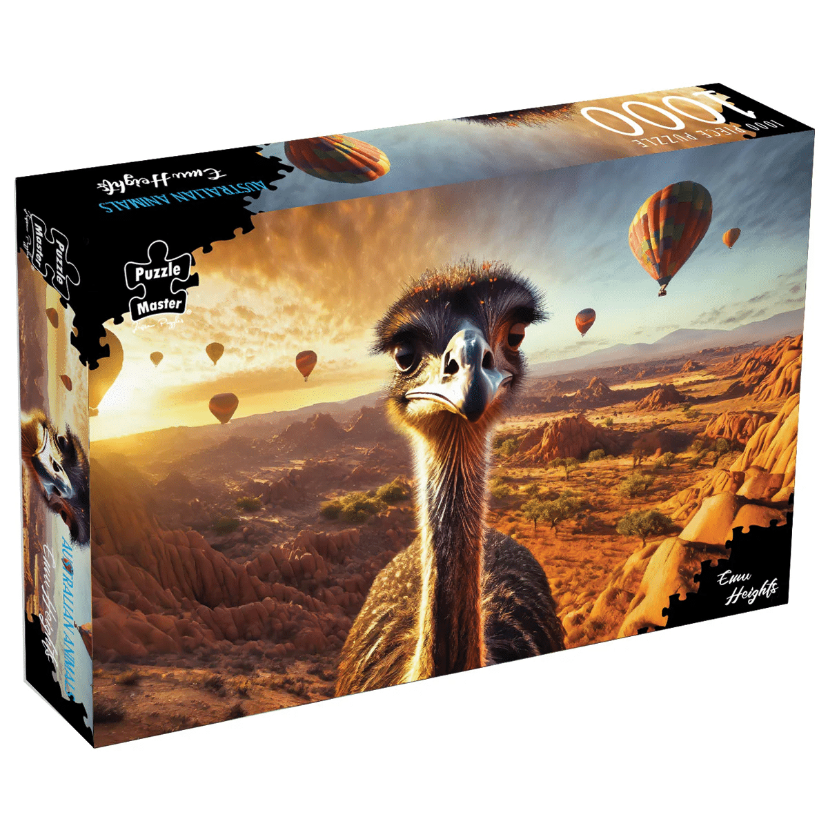 1000-piece puzzle box with an emu illustration and hot-air balloons over desert landscape