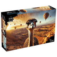 1000-piece puzzle box with an emu illustration and hot-air balloons over desert landscape