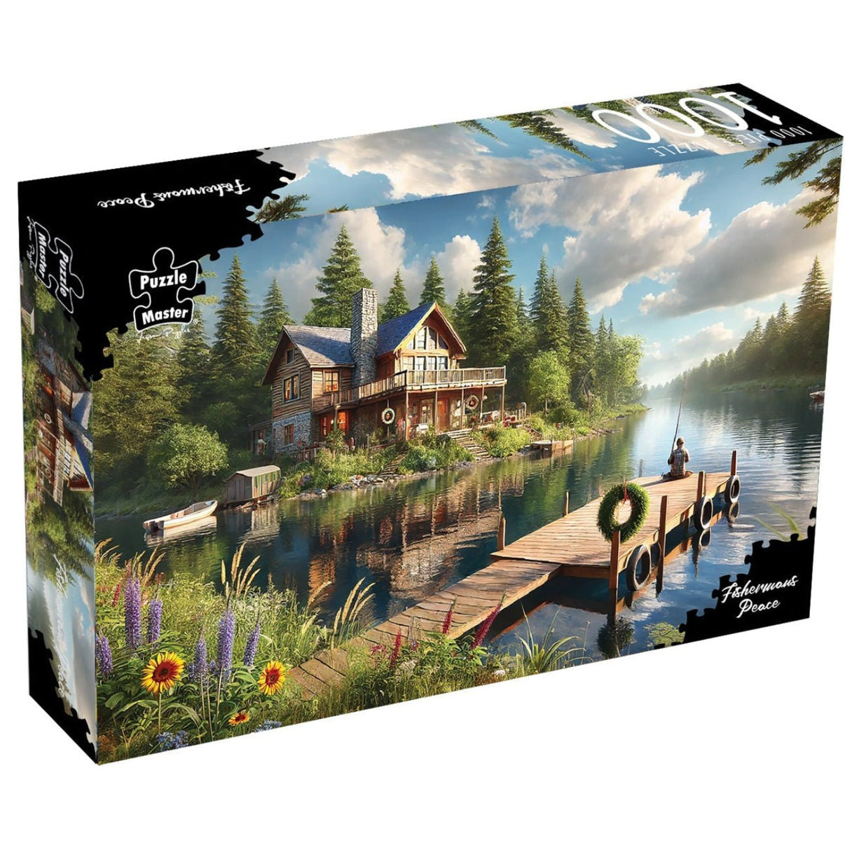 1000-piece jigsaw puzzle box showing lakeside cabin and dock