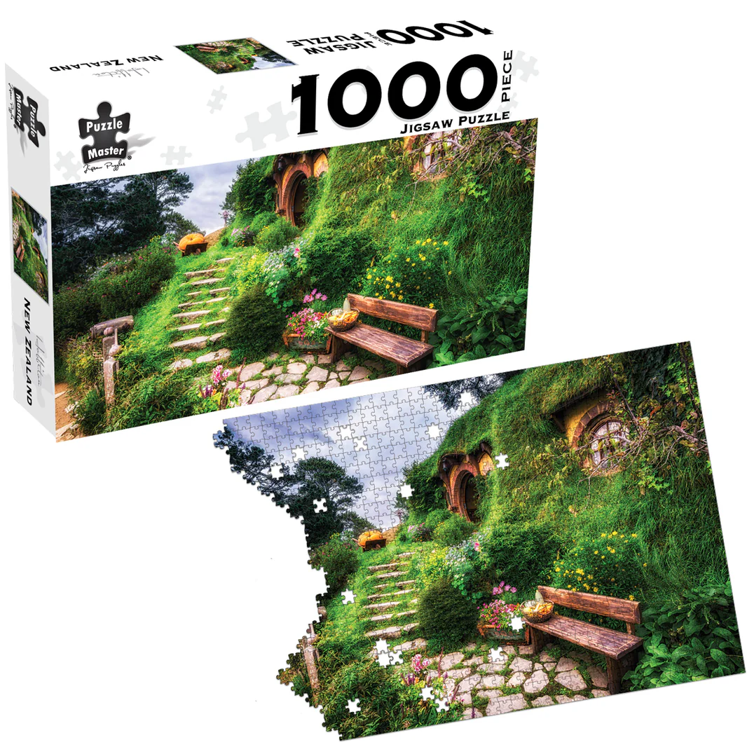 Puzzle Master 1000-piece jigsaw puzzle box with green countryside landscape art