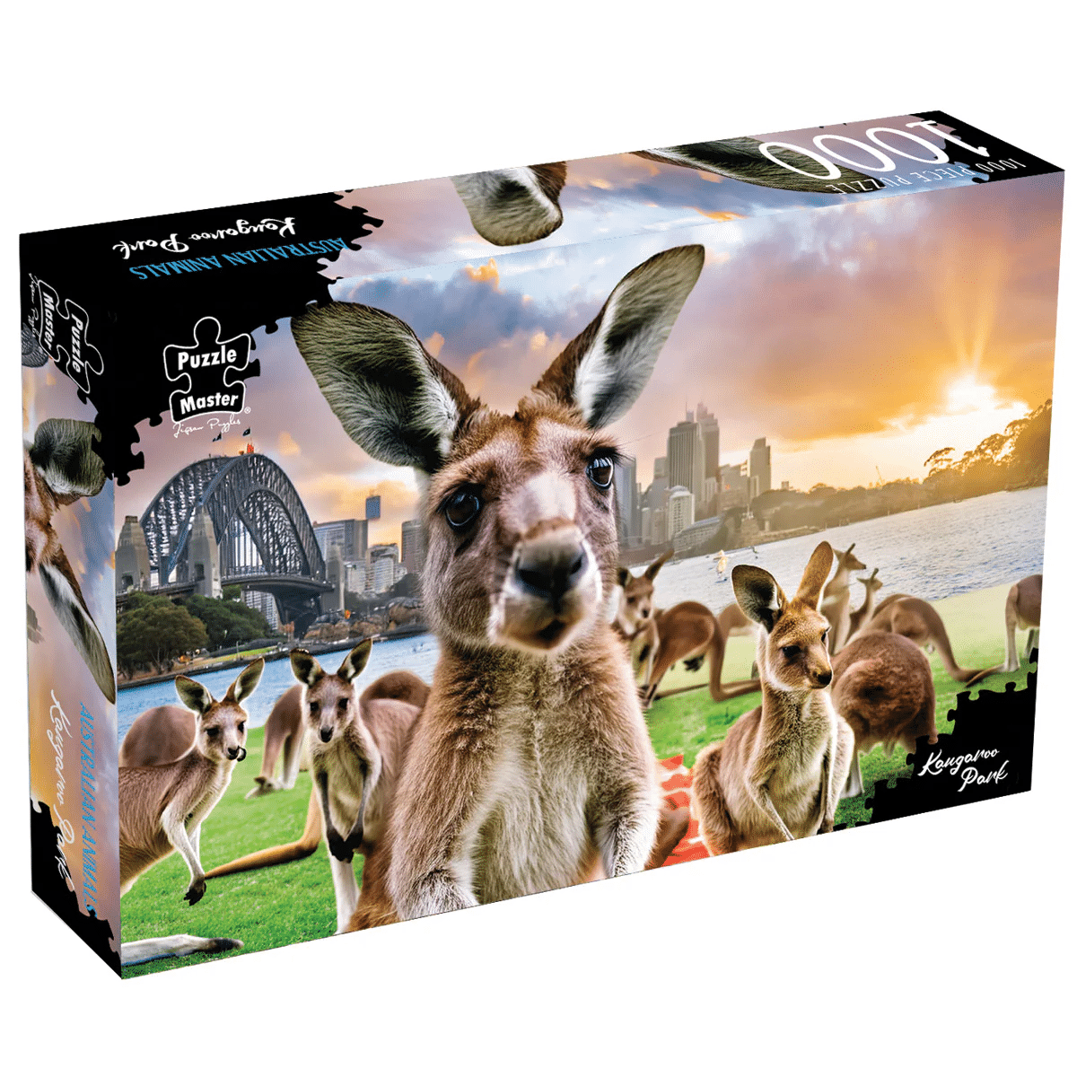 1000-piece jigsaw puzzle box showing Kangaroo Park kangaroos outdoors at sunset