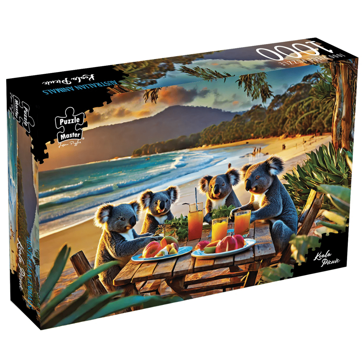 Koala picnic jigsaw puzzle box showing blue koalas at a beach table with drinks