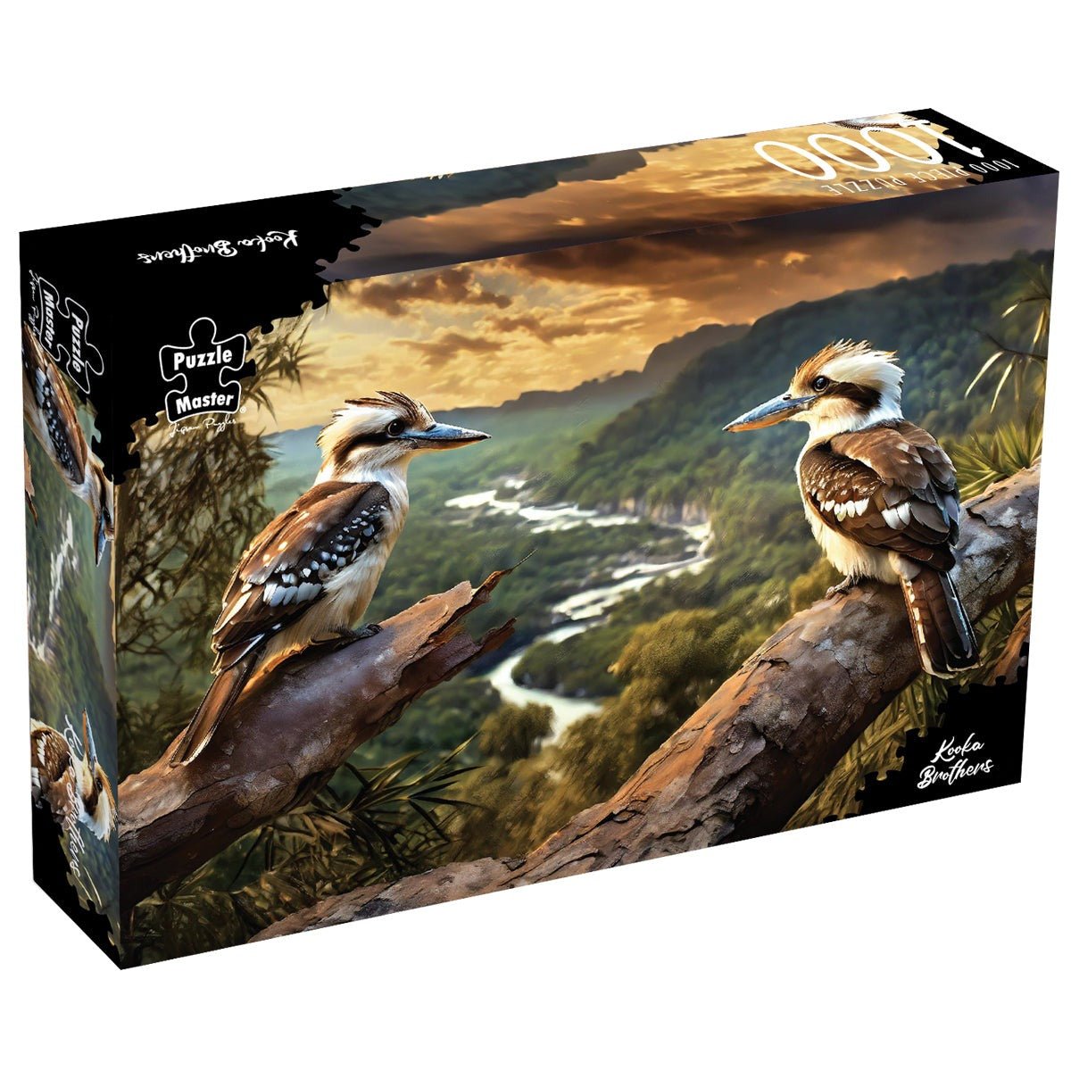 1000-piece jigsaw puzzle box with kookaburras on branches overlooking a valley