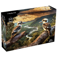 1000-piece jigsaw puzzle box with kookaburras on branches overlooking a valley