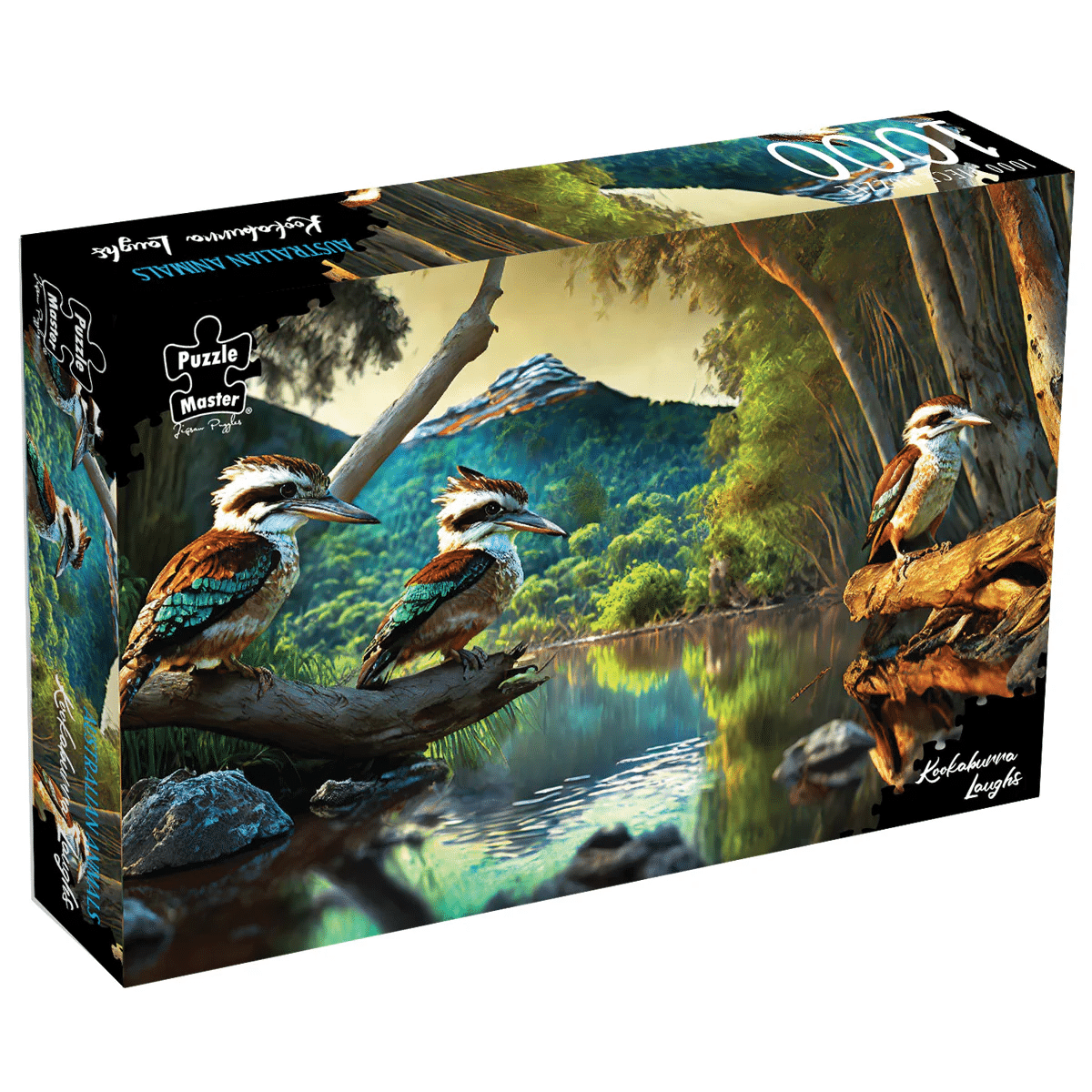 1000-piece jigsaw puzzle box with kookaburras perched by a forest river