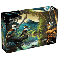 1000-piece jigsaw puzzle box with kookaburras perched by a forest river