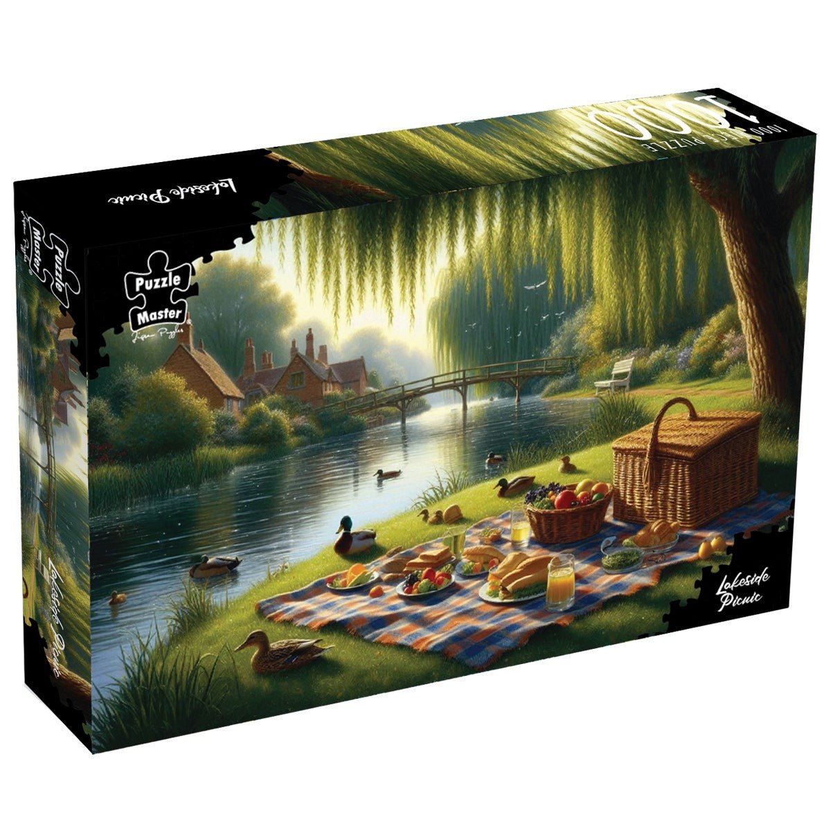 Lakeside picnic 1000-piece jigsaw puzzle box, landscape scene with blanket and basket