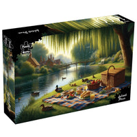 Lakeside picnic 1000-piece jigsaw puzzle box, landscape scene with blanket and basket