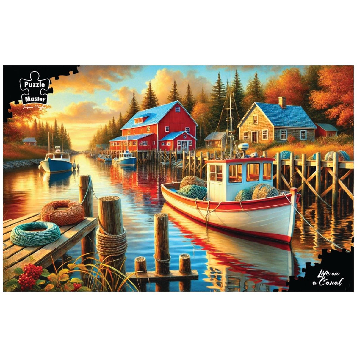 1000-piece canal jigsaw puzzle with boats, colorful houses, and autumn trees