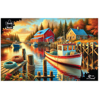 1000-piece canal jigsaw puzzle with boats, colorful houses, and autumn trees