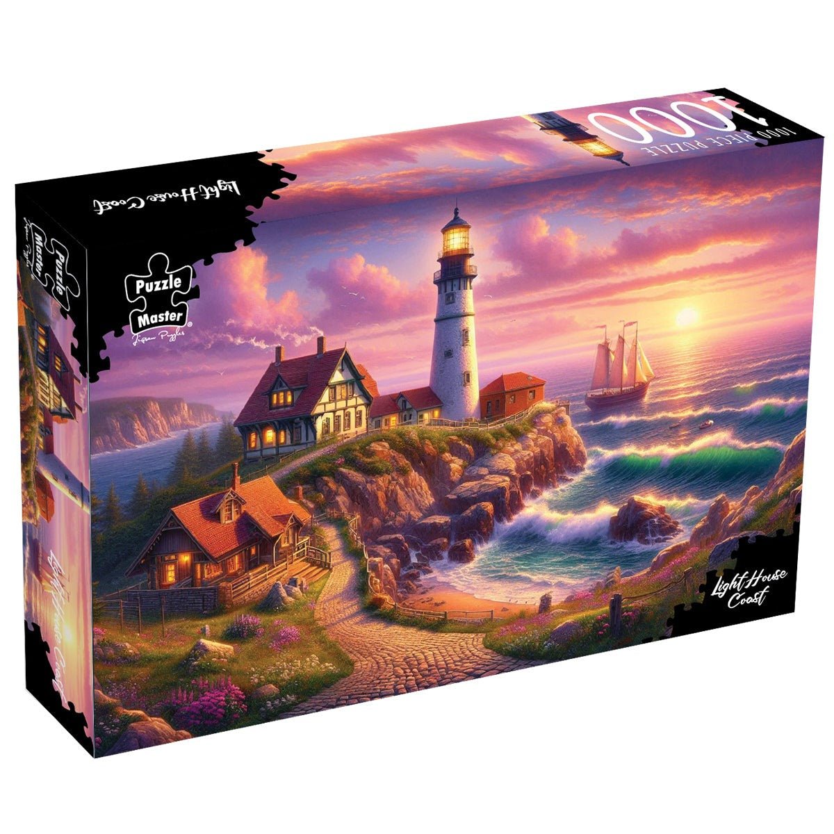 1000-piece puzzle box with lighthouse coast art, sunset, houses and waves