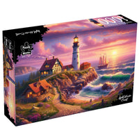 1000-piece puzzle box with lighthouse coast art, sunset, houses and waves