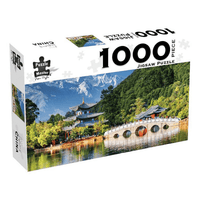 1000-piece jigsaw puzzle box with Lijiang river scene and arched bridge artwork