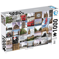 London collage 1000-piece jigsaw puzzle box, colorful city skyline design