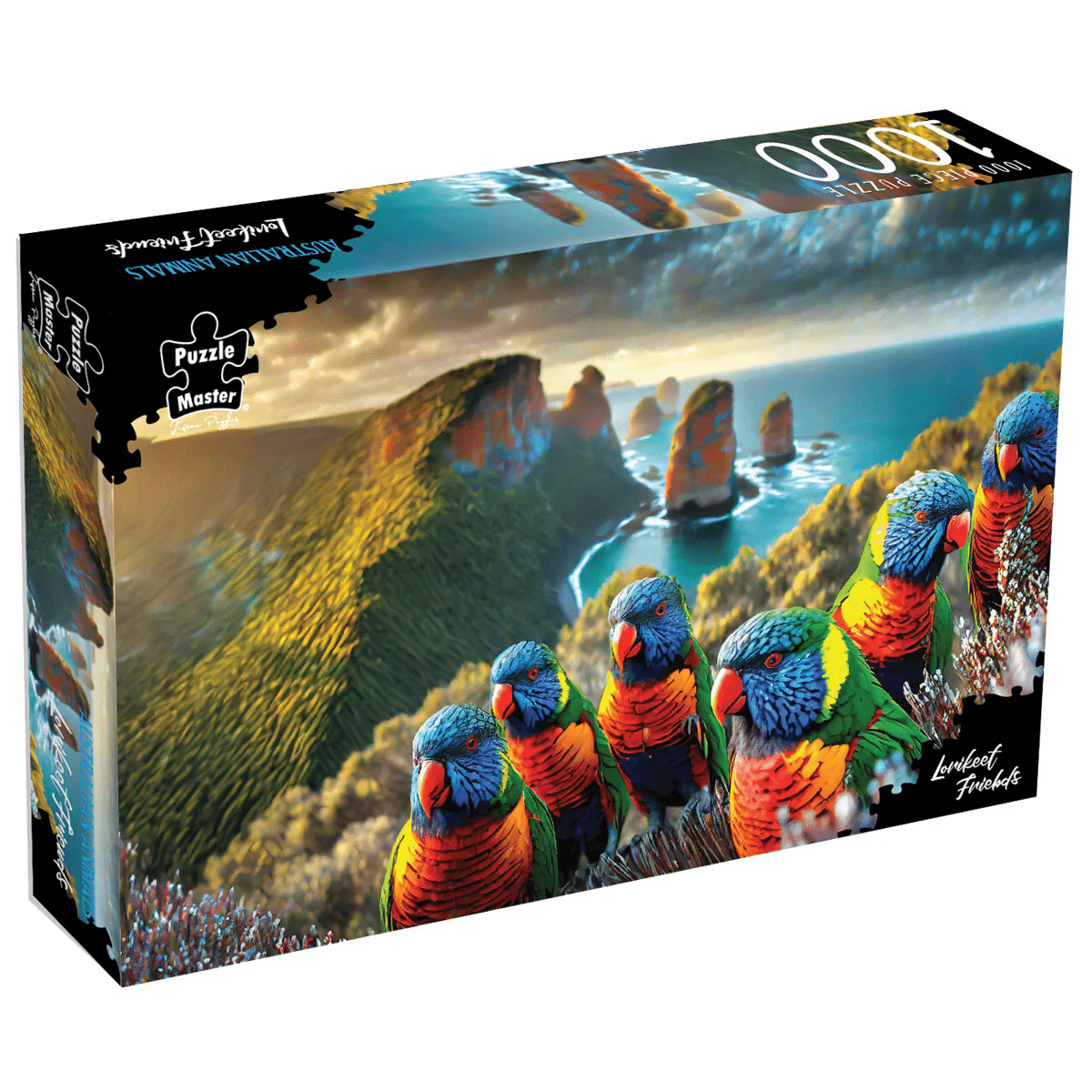 1000-piece jigsaw puzzle box with colorful lorikeets on a rocky ocean shore illustration