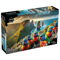 1000-piece jigsaw puzzle box with colorful lorikeets on a rocky ocean shore illustration