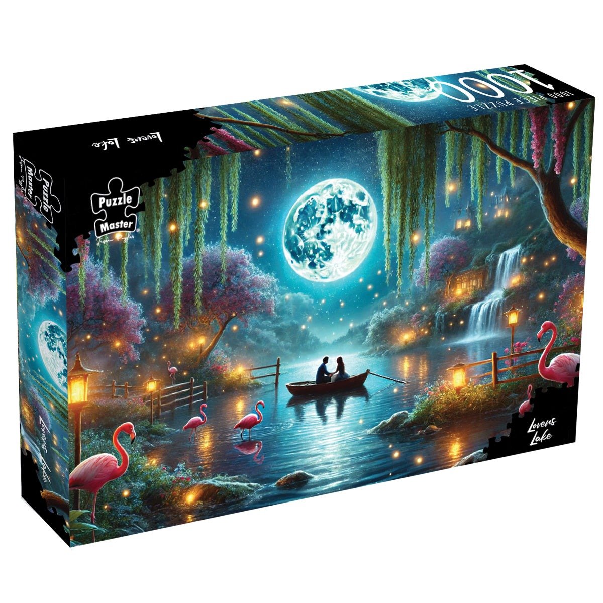 1000-piece puzzle box with starry lake scene, flamingos, moon, and lantern lights