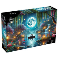 1000-piece puzzle box with starry lake scene, flamingos, moon, and lantern lights