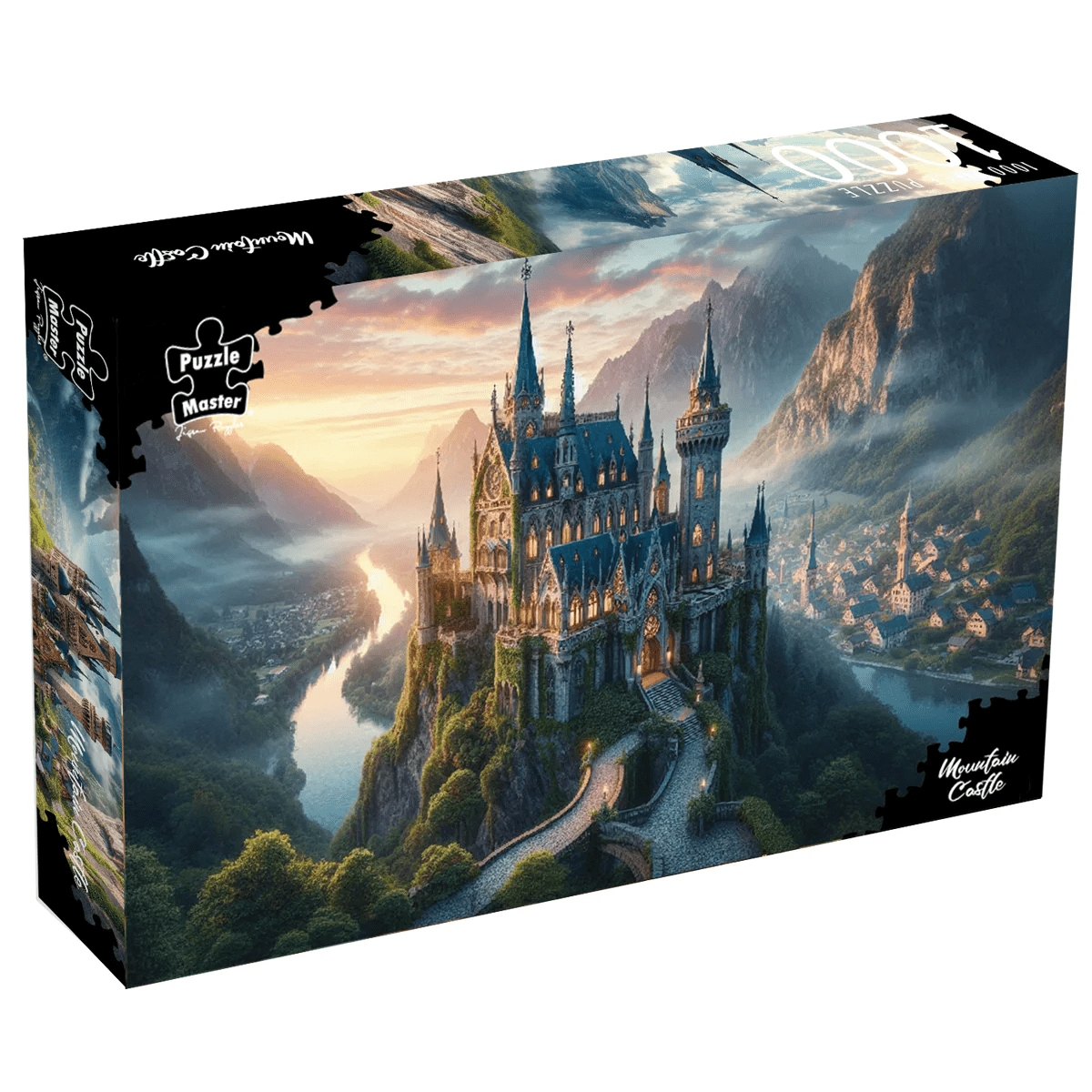 Mountain castle jigsaw puzzle box showing detailed castle, river, and valley artwork