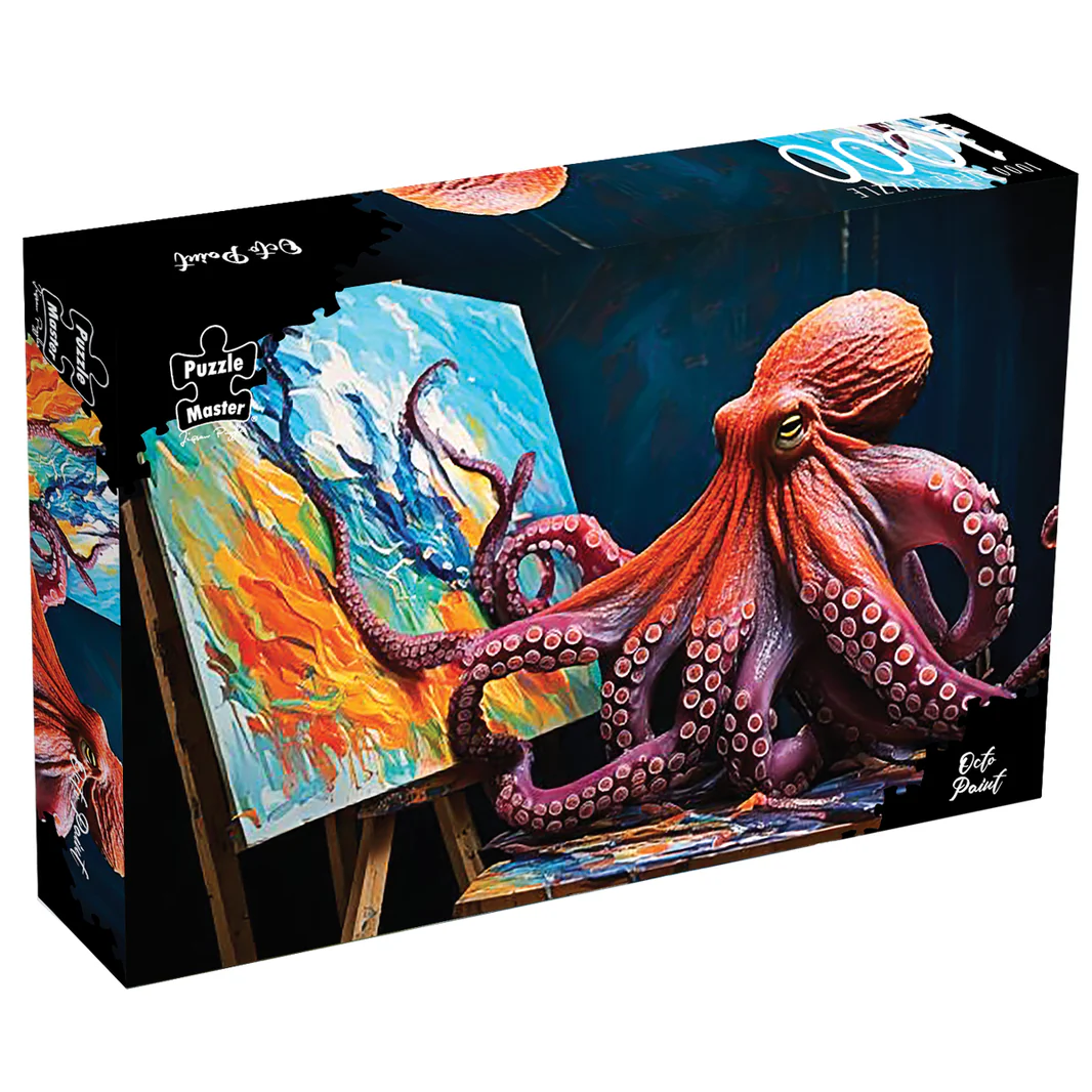 Octo Paint puzzle box with colorful octopus painting on easel