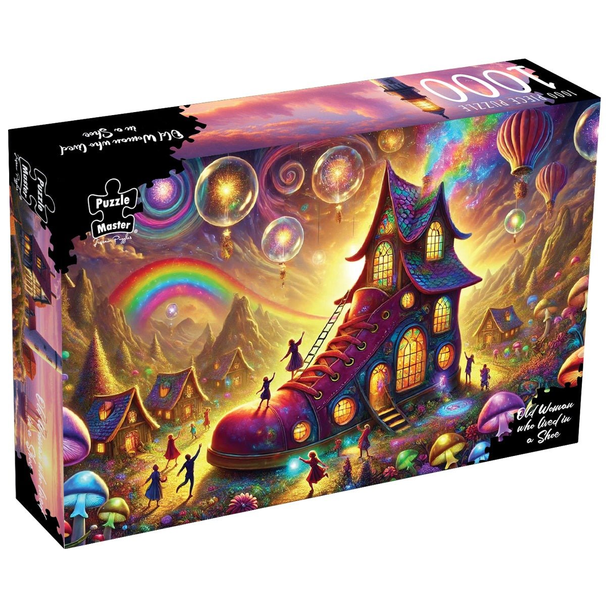 1000-piece puzzle box with colorful fantasy shoe house and hot air balloons
