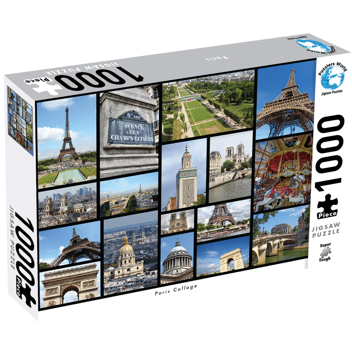 1000-piece jigsaw puzzle box with Paris collage artwork and Eiffel Tower scenes