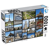 1000-piece jigsaw puzzle box with Paris collage artwork and Eiffel Tower scenes