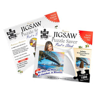 Jigsaw puzzle saver kit with 1000-piece 2-sheet adhesive system, shown in package