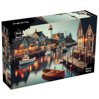 1000-piece jigsaw puzzle box with waterfront harbor illustration and lighthouse