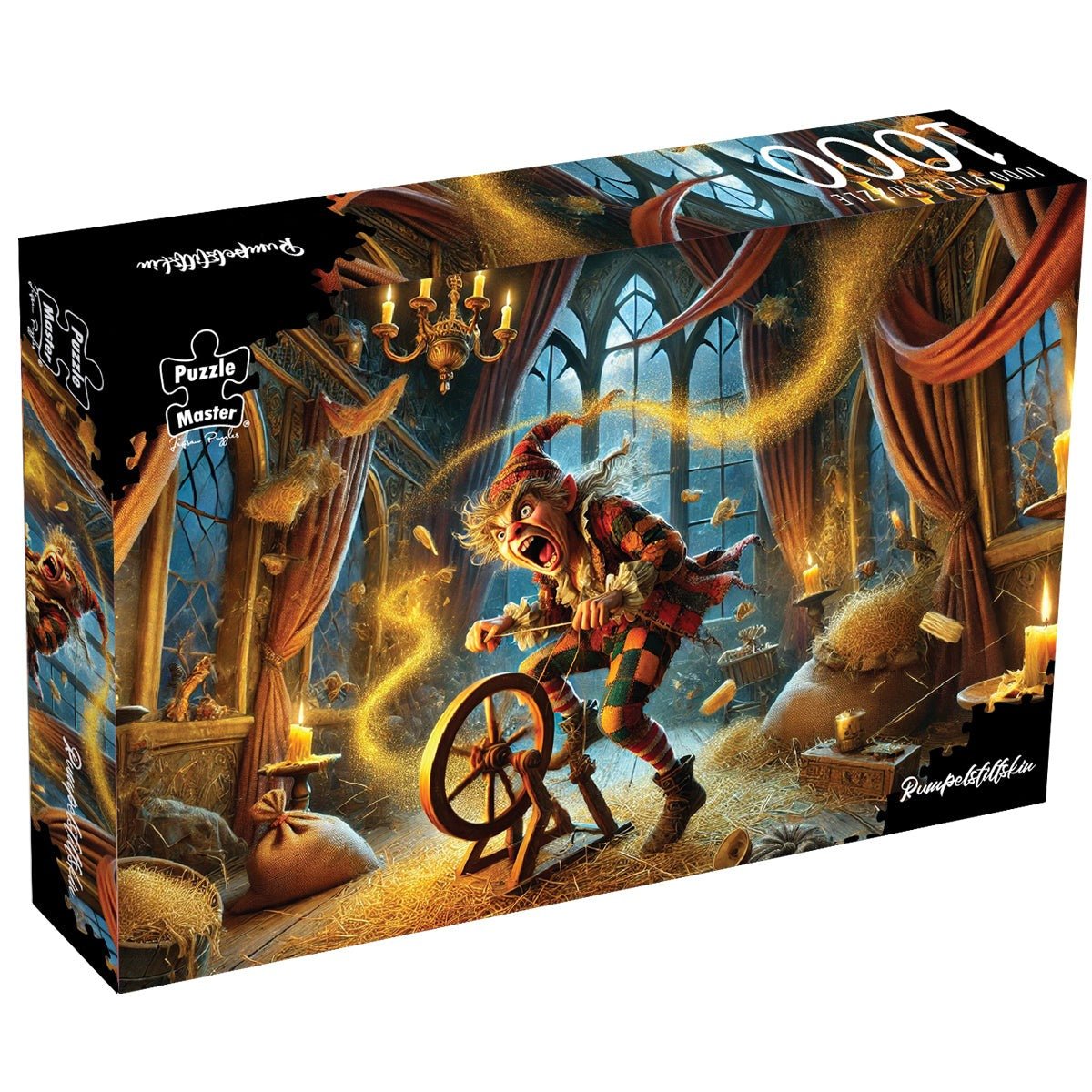 Jigsaw puzzle box with fantasy wizard character and spinning wheel artwork