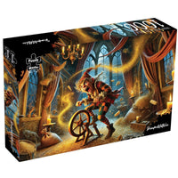 Jigsaw puzzle box with fantasy wizard character and spinning wheel artwork