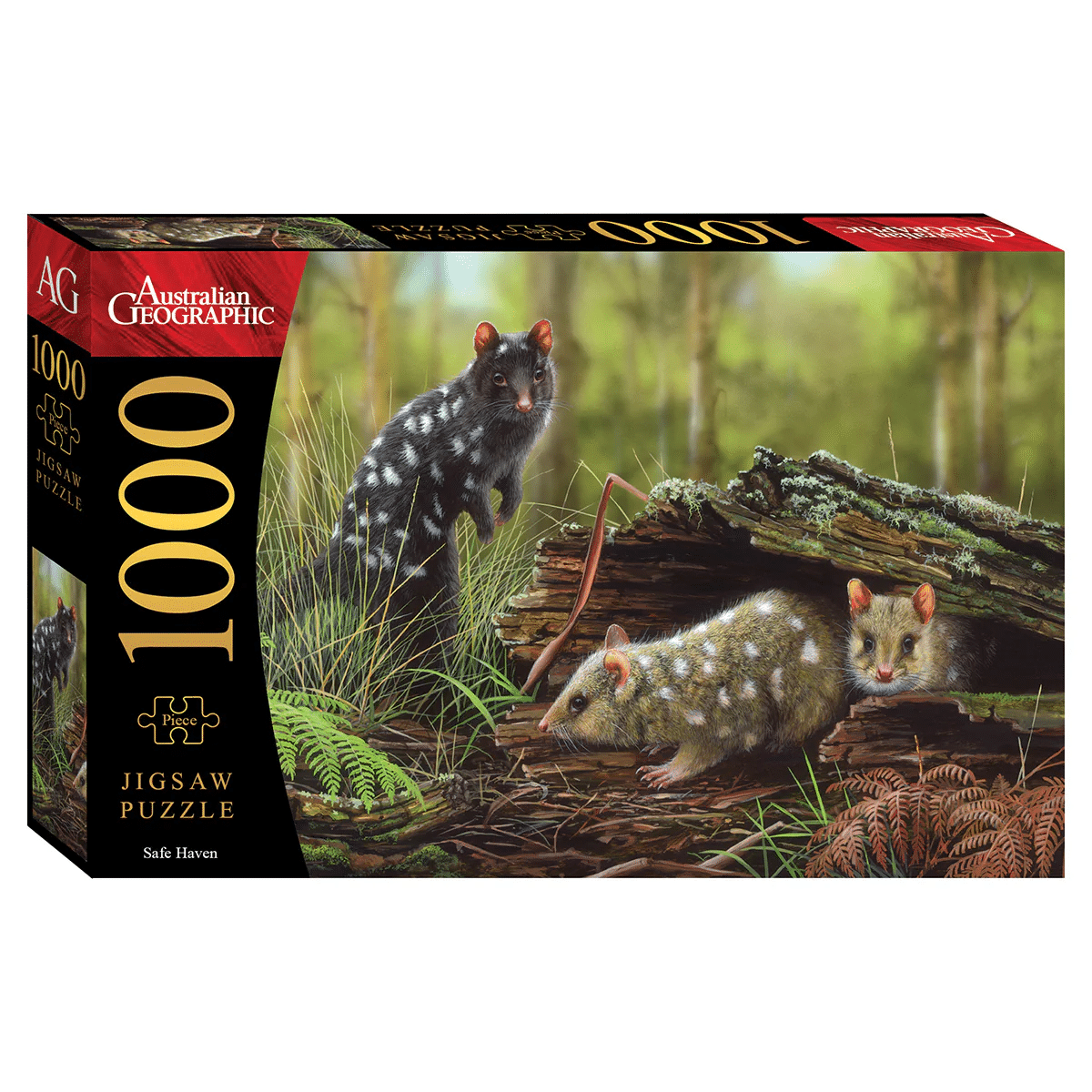 1000-piece jigsaw puzzle box with wombats and logs in a forest scene