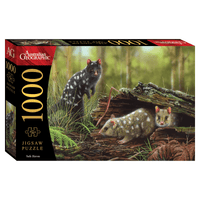 1000-piece jigsaw puzzle box with wombats and logs in a forest scene