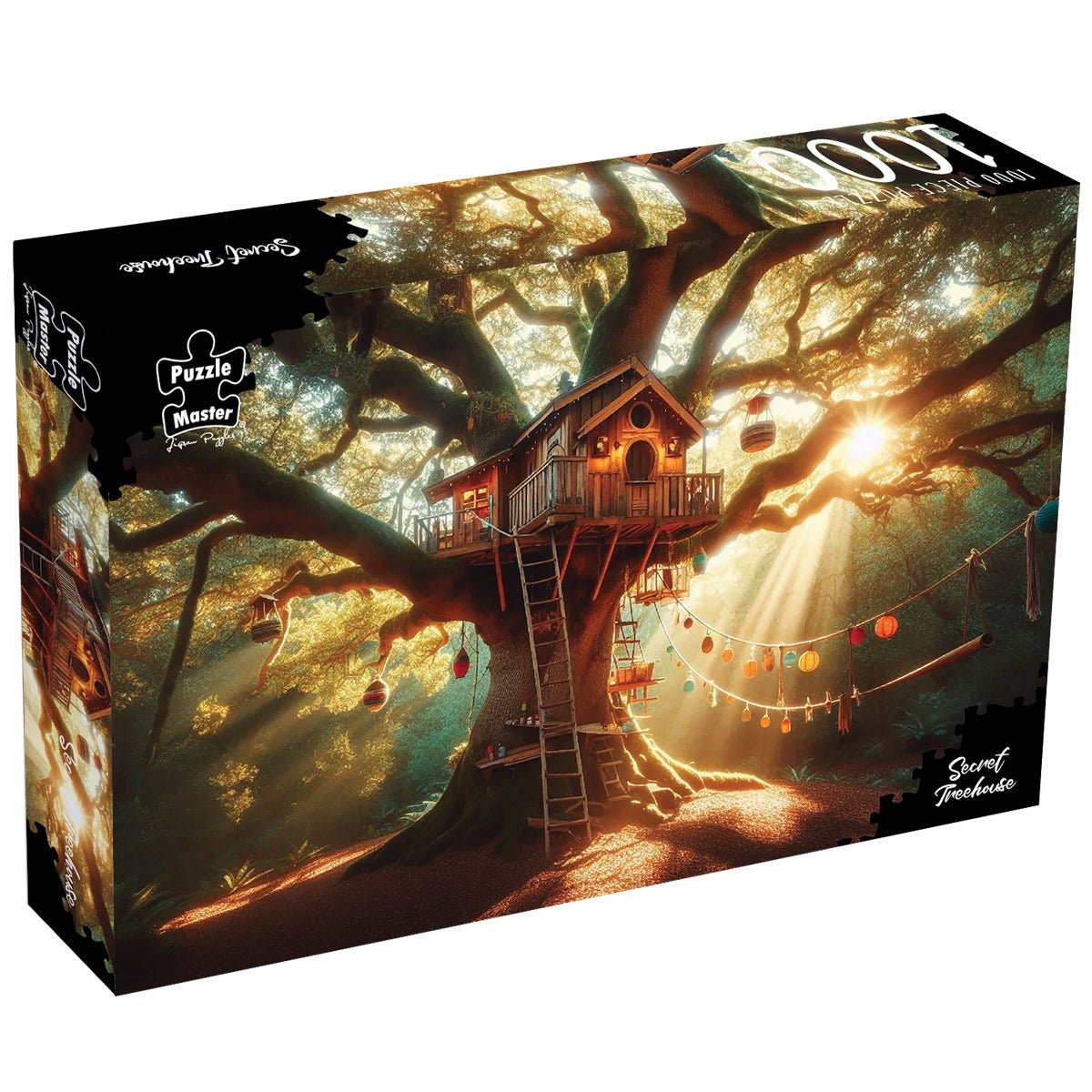 1000-piece jigsaw puzzle box with treehouse in sunlit forest and string lights